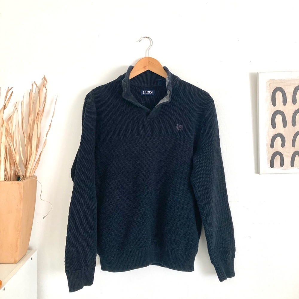 Chaps Mock Neck Button Collar Black Sweater w leather elbow details